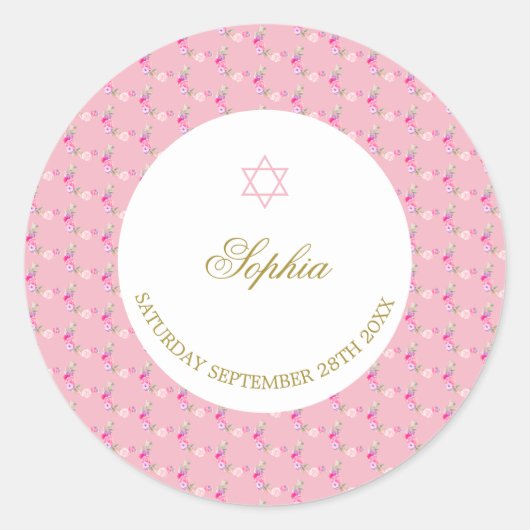 Pink Floral Rozen Pattern Jewish Star van David Ronde Sticker (Voorkant)