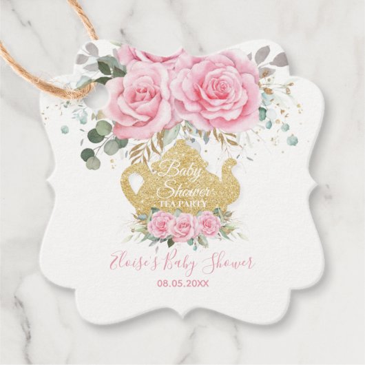 Pink Floral Rozen Tea Party Baby shower Dank u wel Bedankjes Labels (Voorkant)