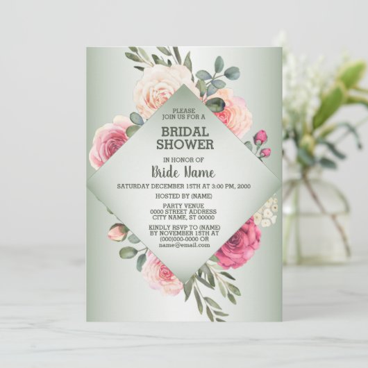 Pink Floral Rustic Geometric Green Bridal Shower Kaart (Staand voorkant)