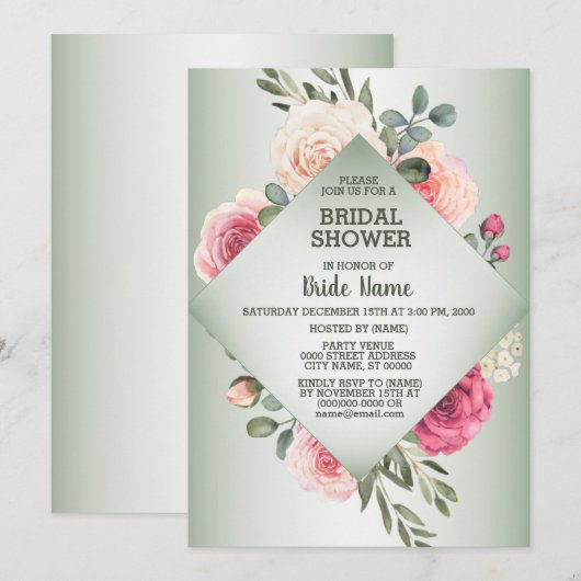 Pink Floral Rustic Geometric Green Bridal Shower Kaart (Voorkant / Achterkant)