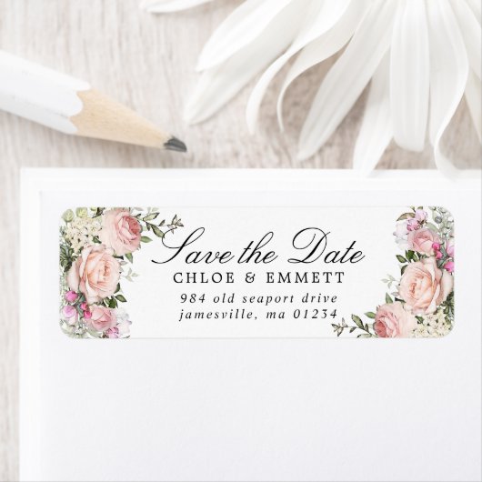 Pink Floral Rustic Sla de datum op Retouradres Etiket (Insitu)