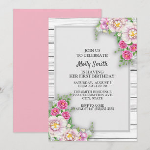 Pink Floral Rustic Wood Baby Girl Eerste verjaarda Kaart