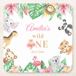 Pink Floral Safari Animals Birthday Kartonnen Onderzetters