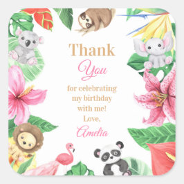 Pink Floral Safari Animals Birthday Thank You Vierkante Sticker