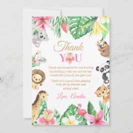 Pink Floral Safari Animals Wild One Birthday Bedankkaart
