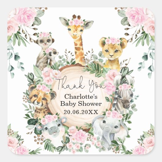 Pink Floral Safari Wilde Dieren Meisjes Vierkante Sticker (Voorkant)