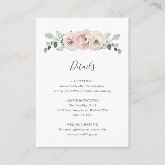 Pink Floral Sage Greenery Dusty Roos Wedding Informatiekaartje (Voorkant)