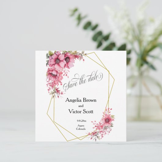 Pink Floral Save the Date Invitation (Staand voorkant)