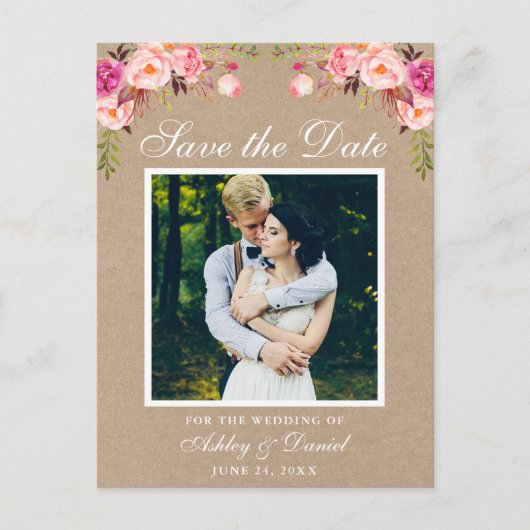 Pink Floral Save the Date Photo Kraft Aankondigingskaart (Voorkant)