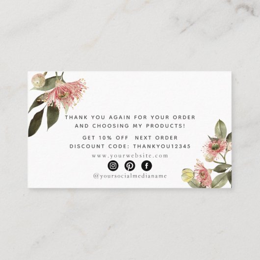 Pink Floral Script Bedankt Visitekaartje (Achterkant)