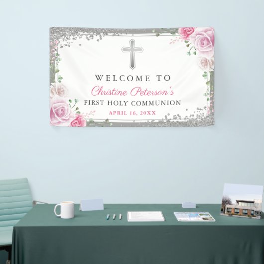 Pink Floral Silver First Heilige Communauteit Welk Spandoek (Beurs)