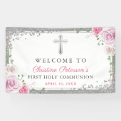 Pink Floral Silver First Heilige Communauteit Welk Spandoek (Horizontaal)