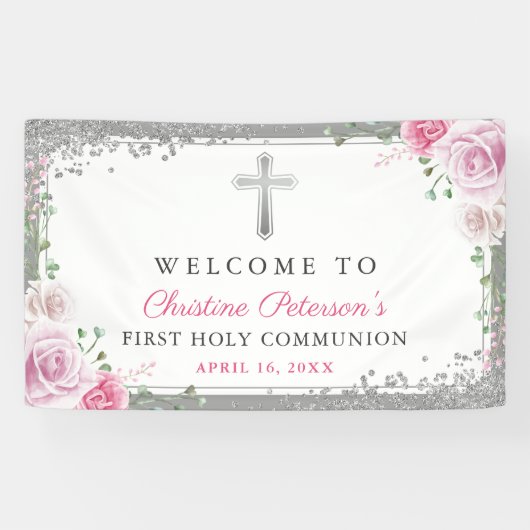 Pink Floral Silver First Heilige Communauteit Welk Spandoek (Horizontaal)