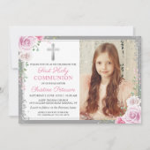 Pink Floral Silver Girl First Heilige Communfoto Kaart (Voorkant)