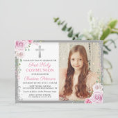 Pink Floral Silver Girl First Heilige Communfoto Kaart (Staand voorkant)