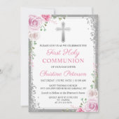 Pink Floral Silver Glitter First Heilige Communie Kaart (Voorkant)