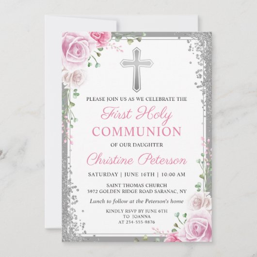 Pink Floral Silver Glitter First Heilige Communie Kaart (Voorkant)