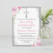 Pink Floral Silver Glitter First Heilige Communie Kaart (Staand voorkant)