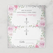 Pink Floral Silver Glitter First Heilige Communie Plaatskaartje (Buitenkant ongevouwen)