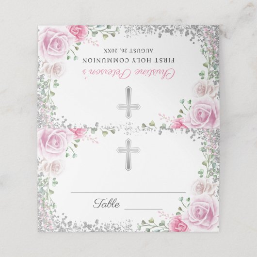 Pink Floral Silver Glitter First Heilige Communie Plaatskaartje (Buitenkant ongevouwen)