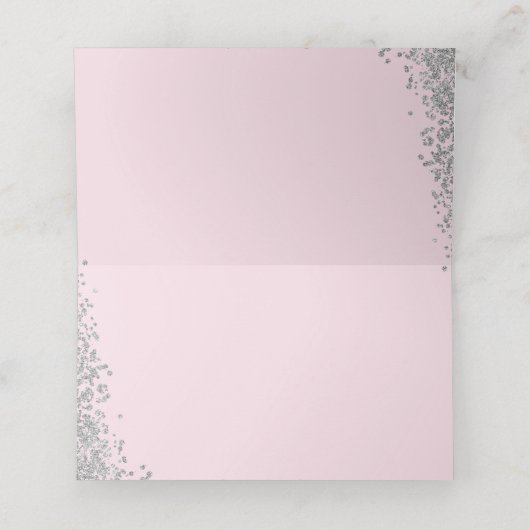 Pink Floral Silver Glitter First Heilige Communie Plaatskaartje (Binnenkant ongevouwen)