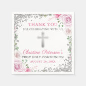 Pink Floral Silver Glitter First Heilige Communie Servet (Voorkant)