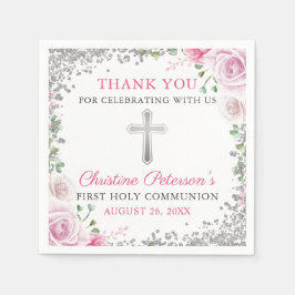 Pink Floral Silver Glitter First Heilige Communie Servet
