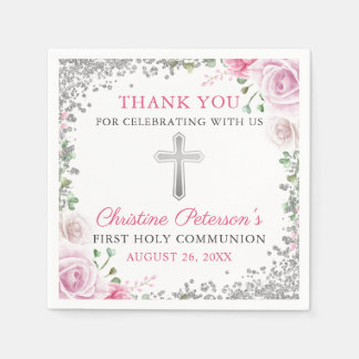 Pink Floral Silver Glitter First Heilige Communie Servet