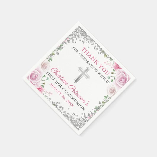 Pink Floral Silver Glitter First Heilige Communie Servet (Hoek)