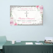 Pink Floral Silver Glitter First Heilige Communie Spandoek (Beurs)