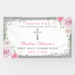 Pink Floral Silver Glitter First Heilige Communie Spandoek