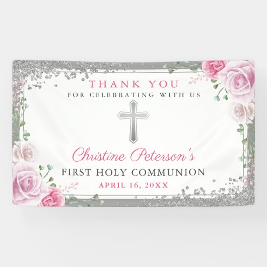 Pink Floral Silver Glitter First Heilige Communie Spandoek (Horizontaal)