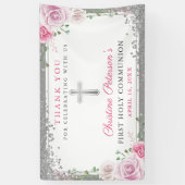 Pink Floral Silver Glitter First Heilige Communie Spandoek (Verticaal)