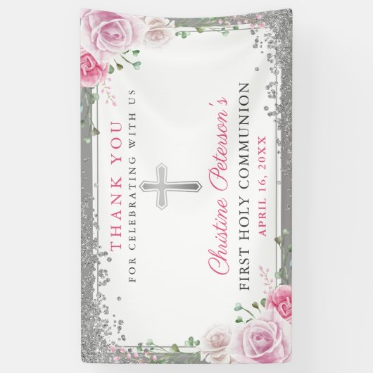 Pink Floral Silver Glitter First Heilige Communie Spandoek (Verticaal)
