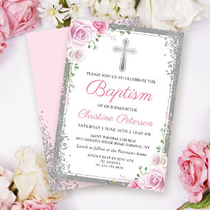 Pink Floral Silver Glitter Girl Baptism Invitation Kaart