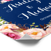 Pink Floral Silver Navy Blue Stripes Weddenschap Poster (Hoek)