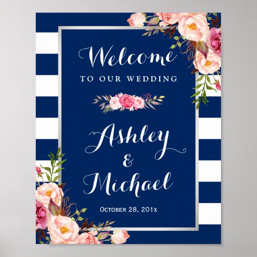 Pink Floral Silver Navy Blue Stripes Weddenschap Poster (Voorkant)