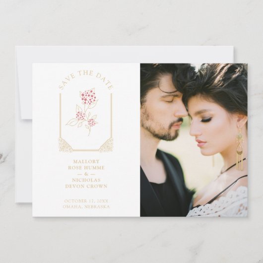 Pink Floral Simulated Dome Arch Wedding in Gold Save The Date (Voorkant)