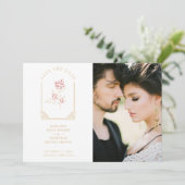 Pink Floral Simulated Dome Arch Wedding in Gold Save The Date (Staand voorkant)
