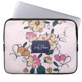 Pink Floral Soft Custom Name Pastel Flower Design Laptop Sleeve