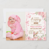 Pink Floral Some Bunny First Birthday Photo Kaart (Voorkant)