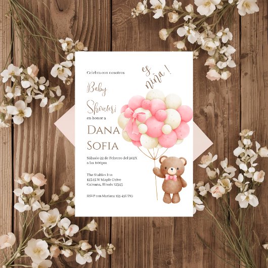 Pink floral Spanish Baby Shower Girl invitation Kaart