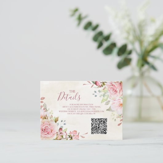 Pink Floral Spring Wedding QR code Details Insert Informatiekaartje (Staand voorkant)