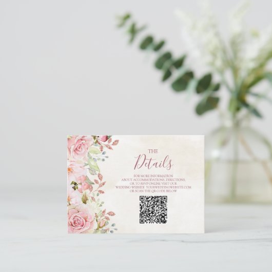 Pink Floral Spring Wedding QR code Details Insert Informatiekaartje (Staand voorkant)