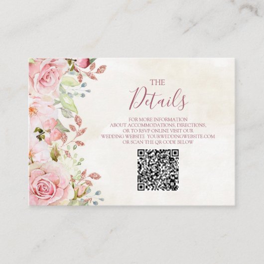 Pink Floral Spring Wedding QR code Details Insert Informatiekaartje (Voorkant)