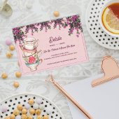 Pink Floral Stacked Teacups Bridal Shower Details Informatiekaartje