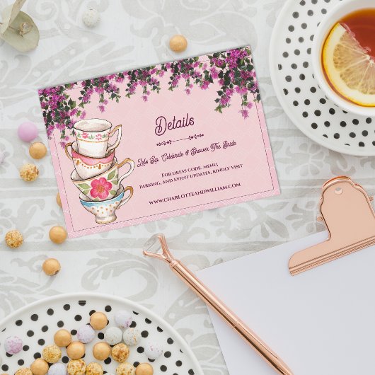 Pink Floral Stacked Teacups Bridal Shower Details Informatiekaartje