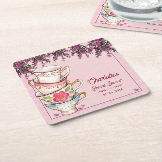 Pink Floral Stacked Teacups Bridal Shower Party Kartonnen Onderzetters (Schuin)