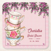 Pink Floral Stacked Teacups Bridal Shower Party Kartonnen Onderzetters (Voorkant)