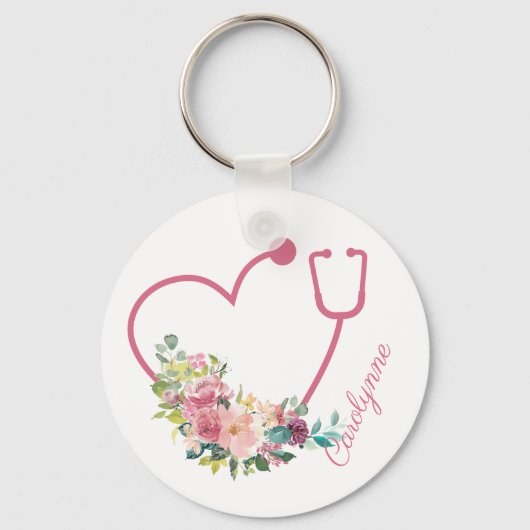 Pink Floral Stethoscope Heart Caregiver Nurse Sleutelhanger (Voorkant)